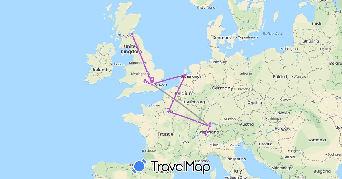 TravelMap itinerary: plane, train in Switzerland, France, United Kingdom, Netherlands (Europe)